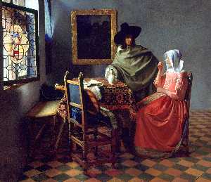 Johannes Vermeer - A Lady Drinking and a Gentleman and The Glass of Wine - (own a famous paintings reproduction)