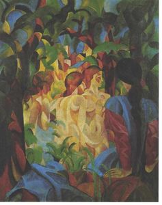 August Macke - Bathing girls with town in the backgraund - (buy oil painting reproductions)